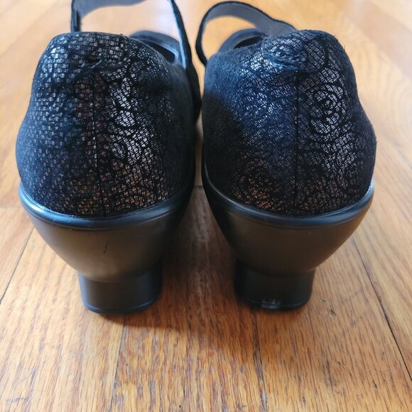 Alegria Black Metallic Floral Rose Leather Mary Jane Wedge Heels 8.5 FLA 553 - Picture 3 of 10